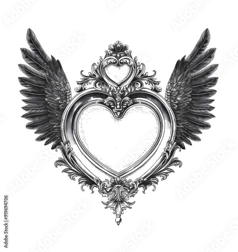 Ornate heart shaped frame with wings in black and white design on a white background