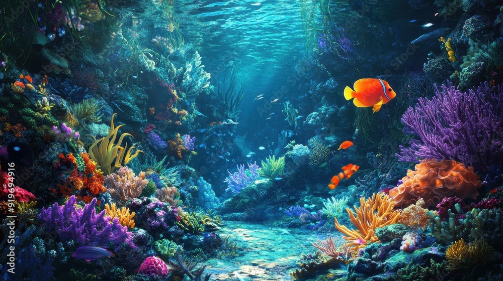 Fototapeta premium Vibrant Underwater Coral Reef Scene with Colorful Fish and Sunbeams