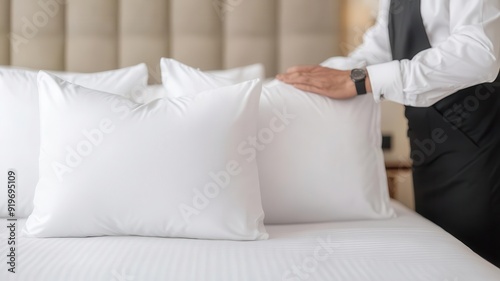 A butler adjusting the pillows on a luxurious bed, ensuring the room is perfect for the evening, service, professional attention to detail photo