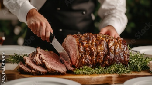 A butler expertly carving a roast at the dining table, serving each guest with practiced precision, service, culinary professionalism photo