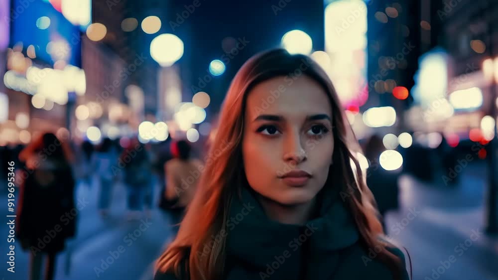 A serene moment captures a young woman standing amid the vibrant nightlife, her confident gaze cutting through the crowd A serene moment captures a young woman standing amid the vibrant nightlife, her confident gaze cutting through the crowd