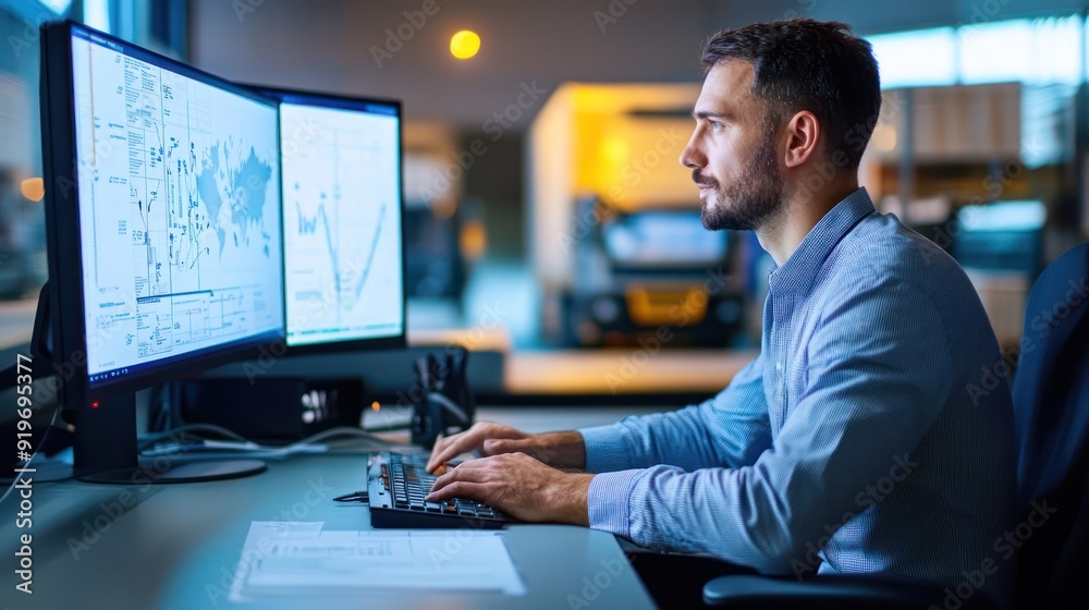 Logistics manager is looking at transportation data on computer.