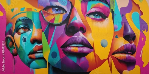 Wallpaper Mural Colorful Abstract Graffiti Art Mural with Three Faces on a Wall. Torontodigital.ca