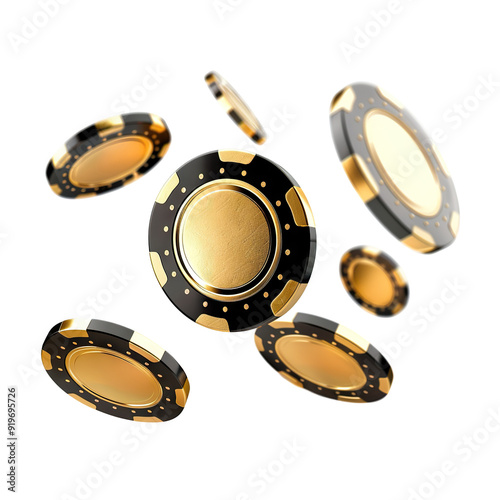 Black and golden casino chips falling, cut out