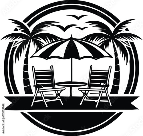 beach chair and umbrella silhouette vector design with white background 