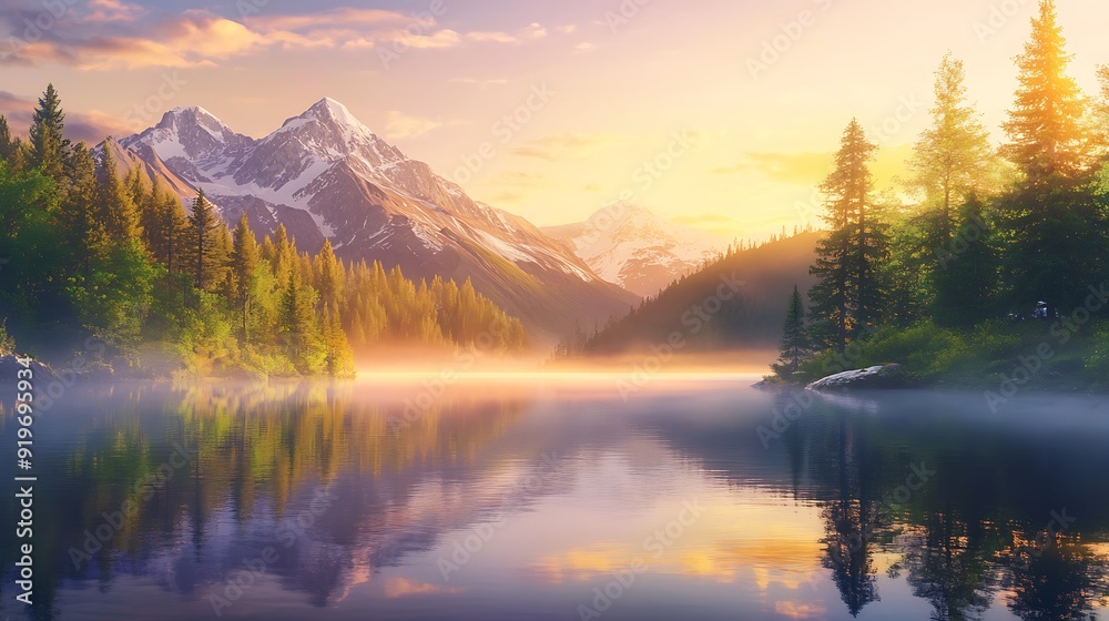 Fototapeta premium Serene Mountain Lake at Sunrise with Lush Forests and Snow-Capped Peaks