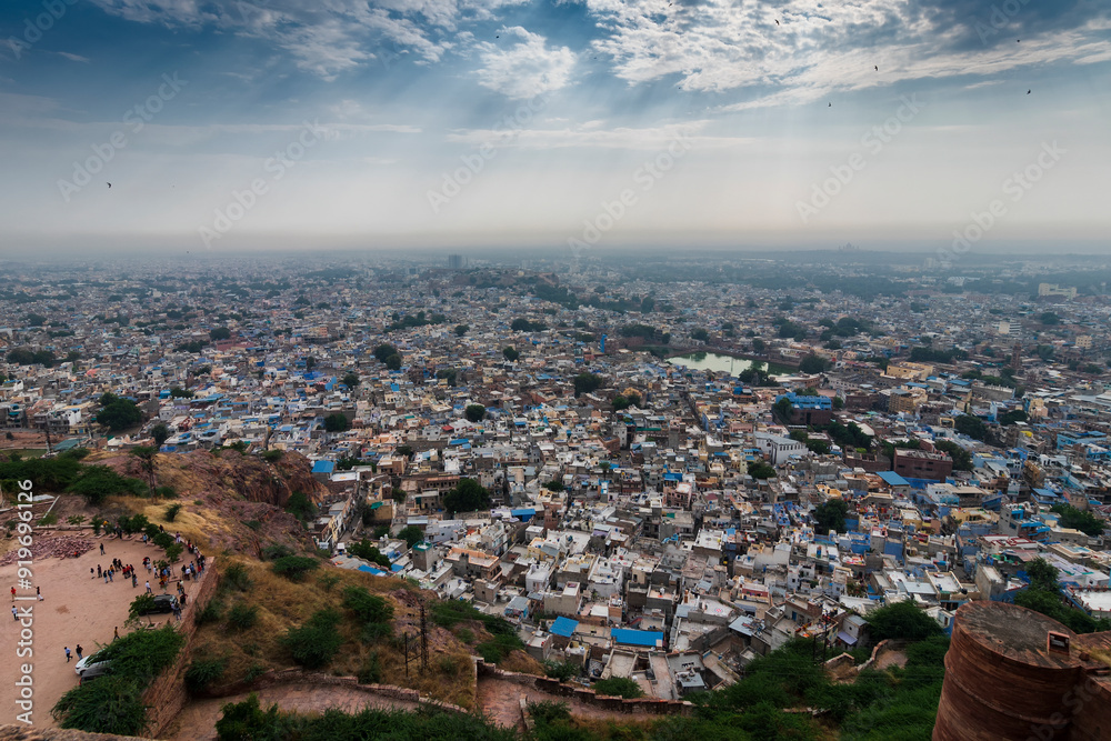 Obraz premium Beautiful top view of Jodhpur city from Mehrangarh fort, Rajasthan, India. Jodhpur is called Blue city since Hindu Brahmis there worship Lord Shiva, whose colour is blue, they painted houses in blue.