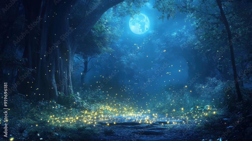 Enchanted Forest Path with Fireflies and Full Moon at Night. Enchanted Forest Path with Fireflies and Full Moon at Night.
