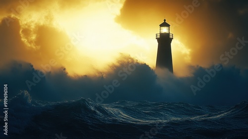 Lighthouse Standing Tall Amidst a Stormy Sea at Sunset.