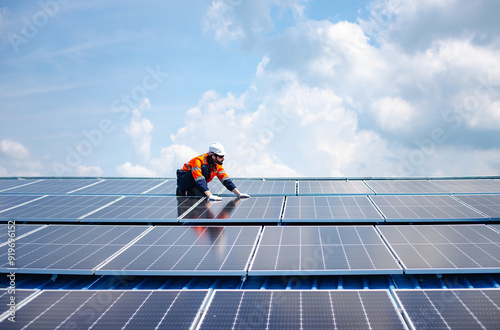 Engineer service check installation solar cell on the roof of factory , Sustainable energy industry concept, Renewable energy solution for climate change
