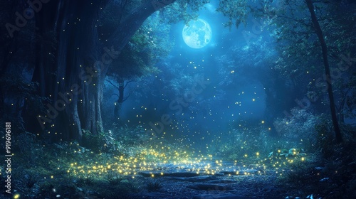 Enchanted Forest Path with Fireflies and Full Moon at Night.