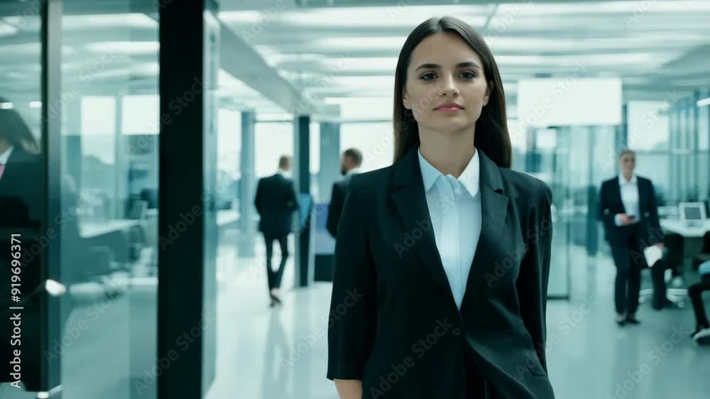 A confident professional strides through a bustling modern office, exuding determination amidst colleagues engaged in their work A confident professional strides through a bustling modern office, exuding determination amidst colleagues engaged in their work