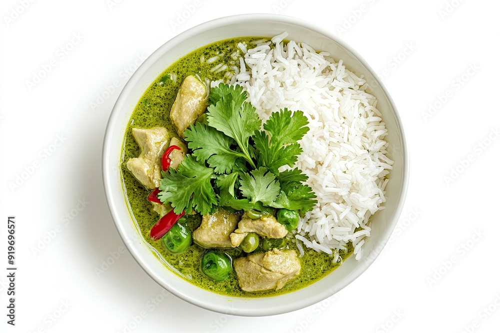 Thai green curry with jasmine rice and cilantro isolated on a white, top view Thai green curry with jasmine rice and cilantro isolated on a white, top view