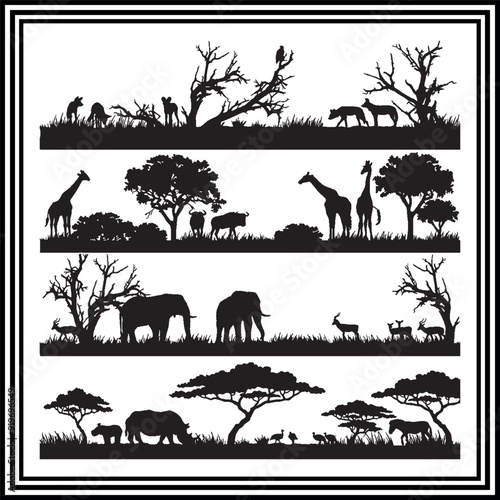 African wild animals silhouette set, safari landscape silhouette.