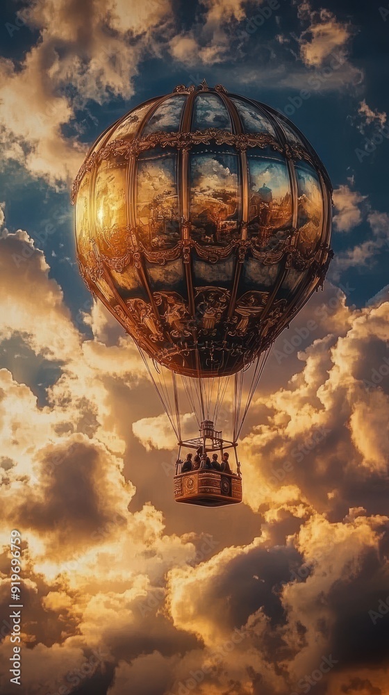 Obraz premium Ornate Hot Air Balloon Soaring Through Golden Clouds at Sunset.