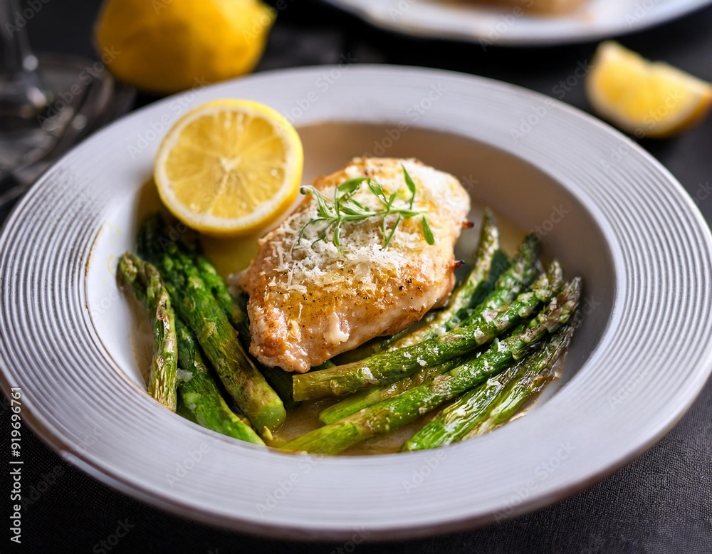 Main course dish meal Lemon garlic parmesan chicken with asparagus. Main course dish meal Lemon garlic parmesan chicken with asparagus.