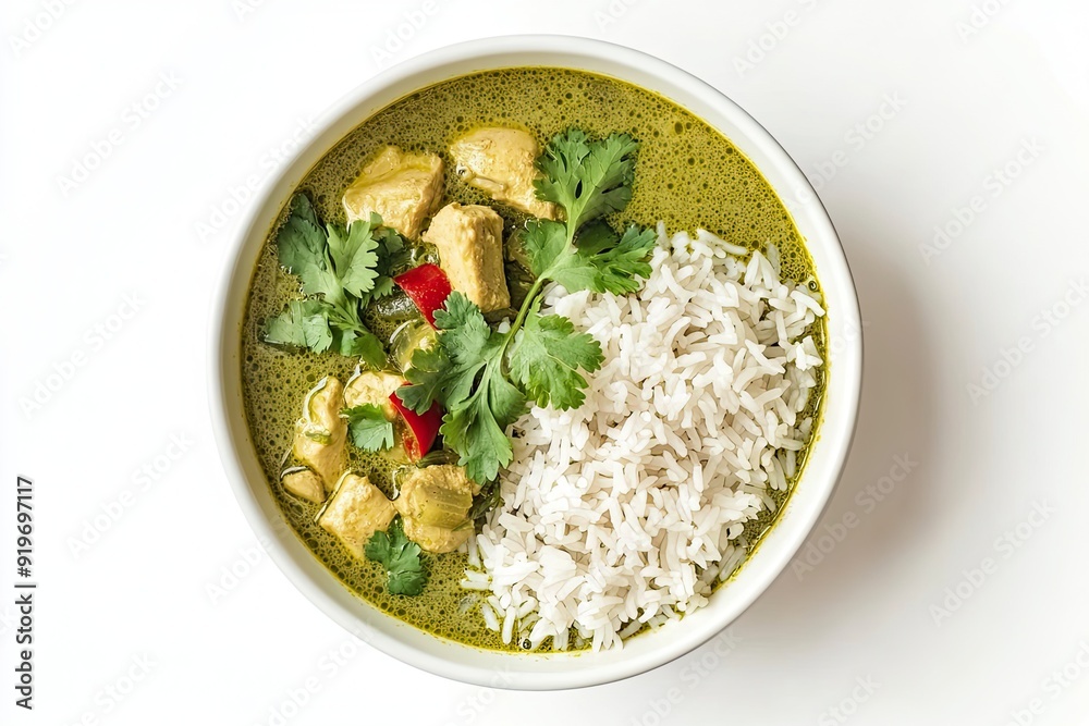 Thai green curry with jasmine rice and cilantro isolated on a white, top view Thai green curry with jasmine rice and cilantro isolated on a white, top view