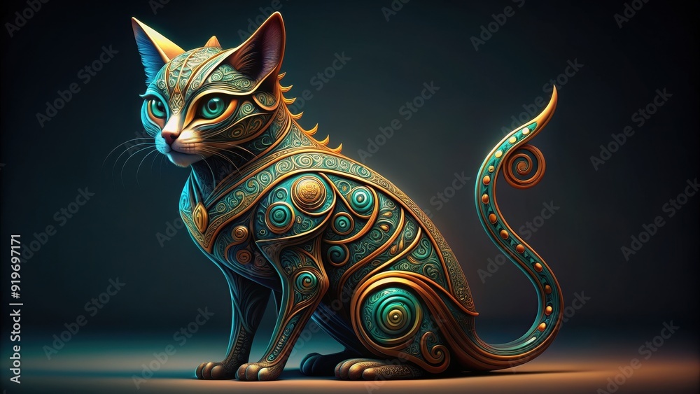Intricate artwork of an alien cat with ancestry from ancient echoes and Scandinavian folklore, alien, cat, ancestry