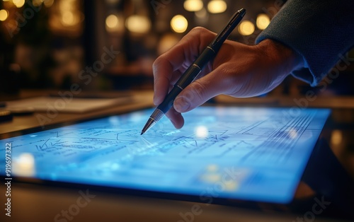 A lawyer uses a digital pen to annotate a contract on a large interactive screen, showcasing the use of technology in modern legal practice, a sleek and modern office as the backdrop.