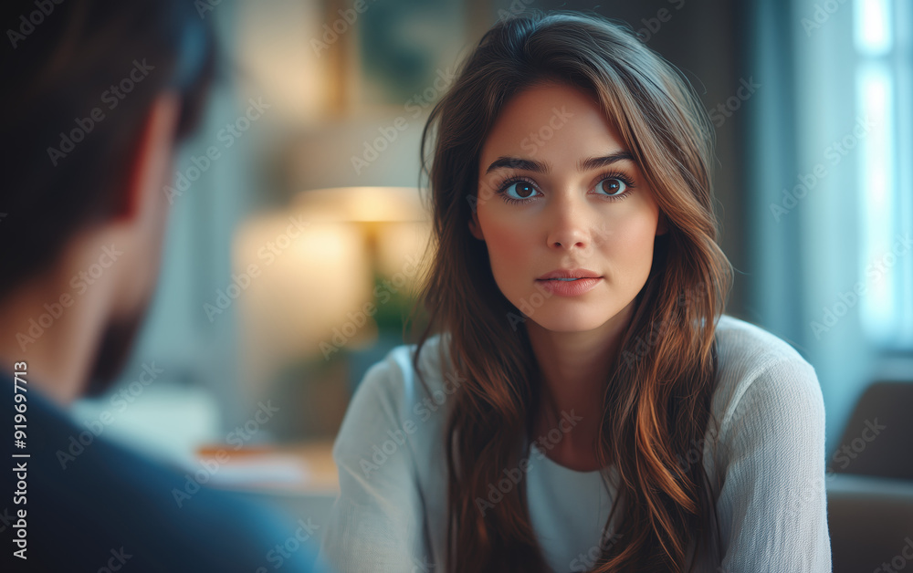 Fototapeta premium A compassionate female lawyer, with warm brown eyes, sits across from a distraught client, offering a comforting hand and words of reassurance in a softly lit office with a neutral color palette.