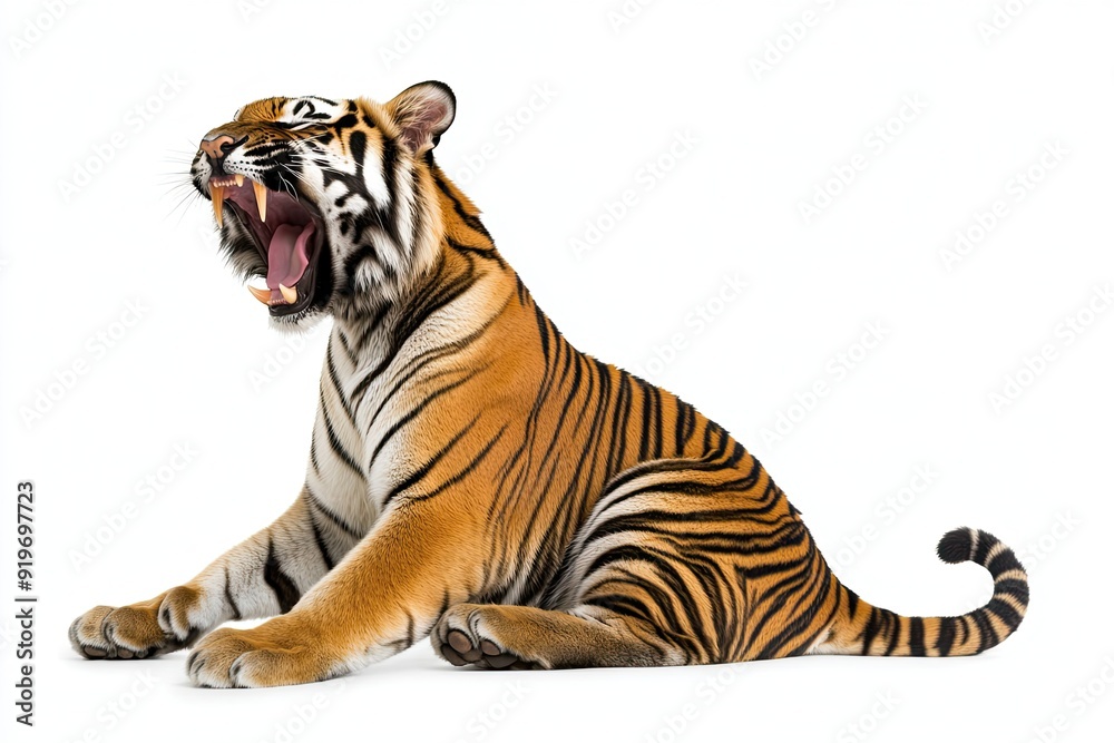 Fototapeta premium Tiger sitting and roaring isolated on a white background