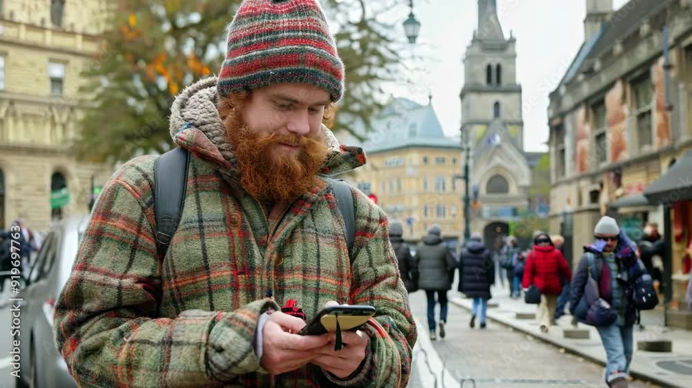 A man with a thick beard and warm attire smiles while engrossed in his phone, surrounded by an autumn atmosphere in the bustling city streets A man with a thick beard and warm attire smiles while engrossed in his phone, surrounded by an autumn atmosphere in the bustling city streets