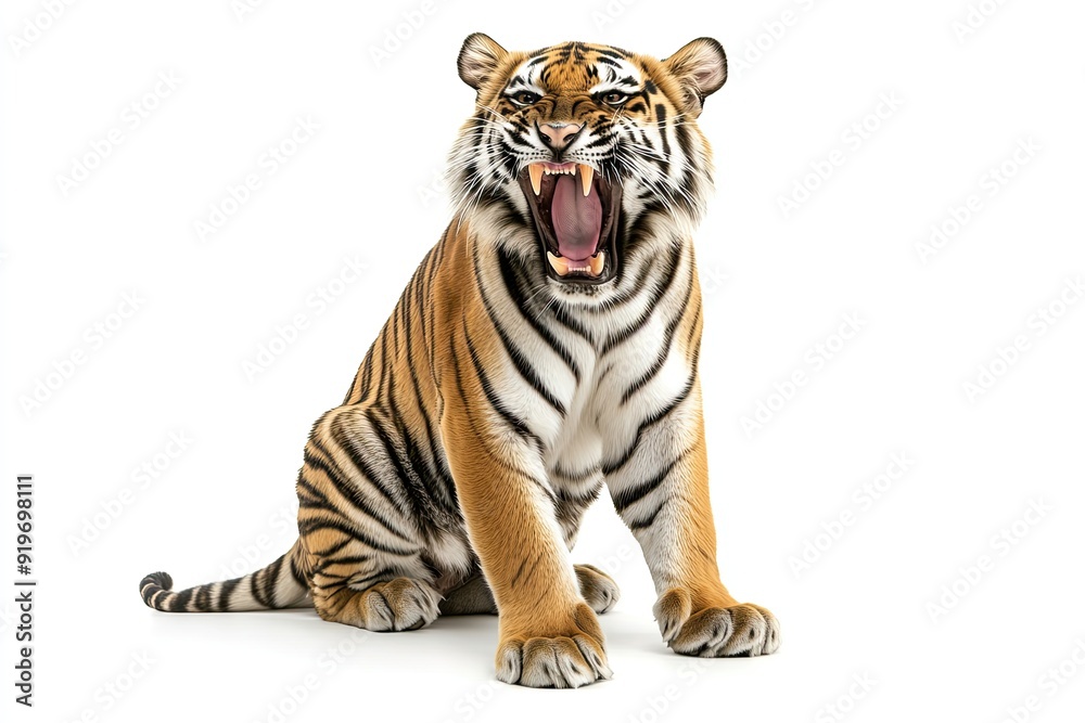 Tiger sitting and roaring isolated on a white background Tiger sitting and roaring isolated on a white background