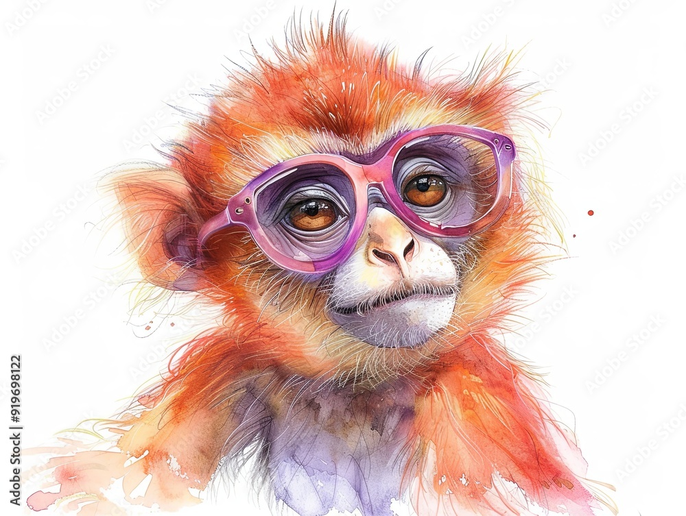 Macaque monkey with sunglasses. Animal in drawing style. Illustration for cover, card, postcard, interior design, decor or print. Macaque monkey with sunglasses. Animal in drawing style. Illustration for cover, card, postcard, interior design, decor or print.