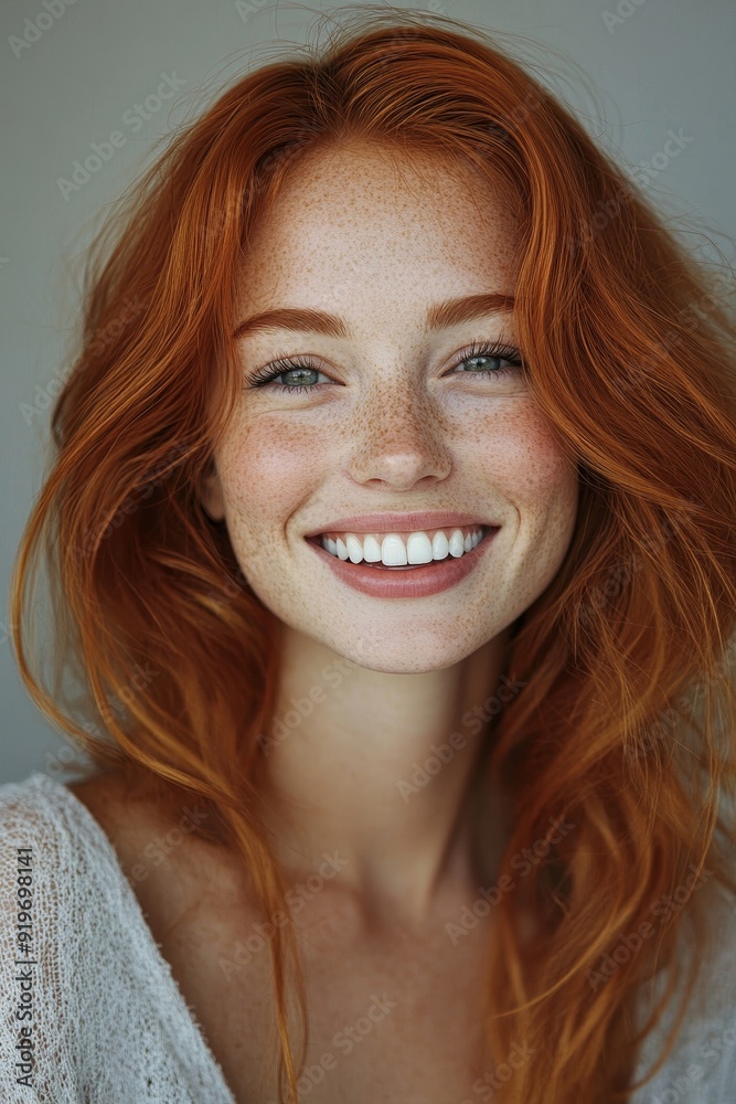 Woman with ginger hair and flawless skin smiling happily in a studio, Generative AI Woman with ginger hair and flawless skin smiling happily in a studio, Generative AI