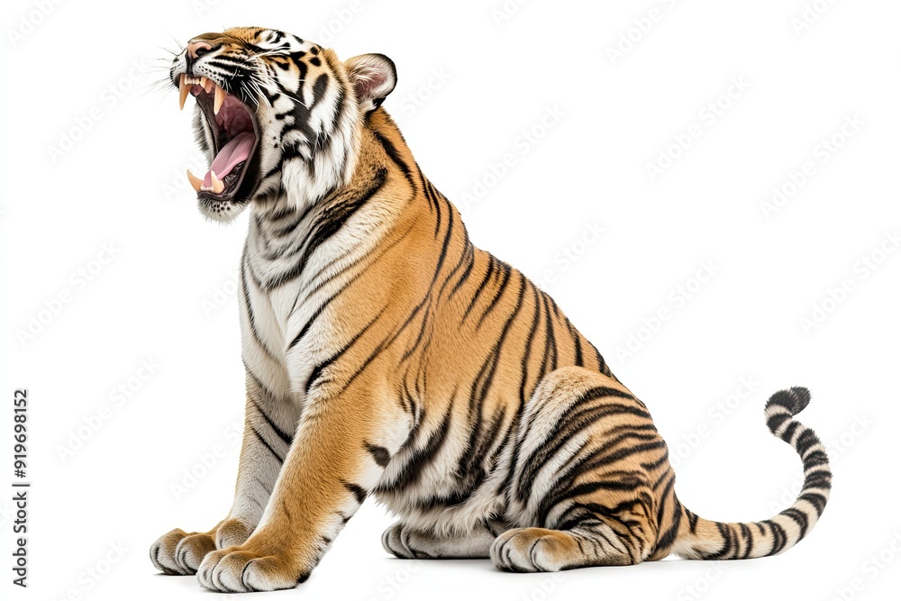 Fototapeta premium Tiger sitting and roaring isolated on a white background