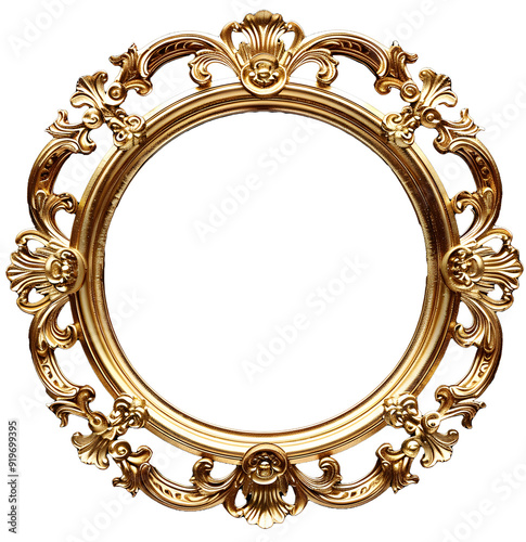 Ornate round gold frame with intricate floral and scroll details