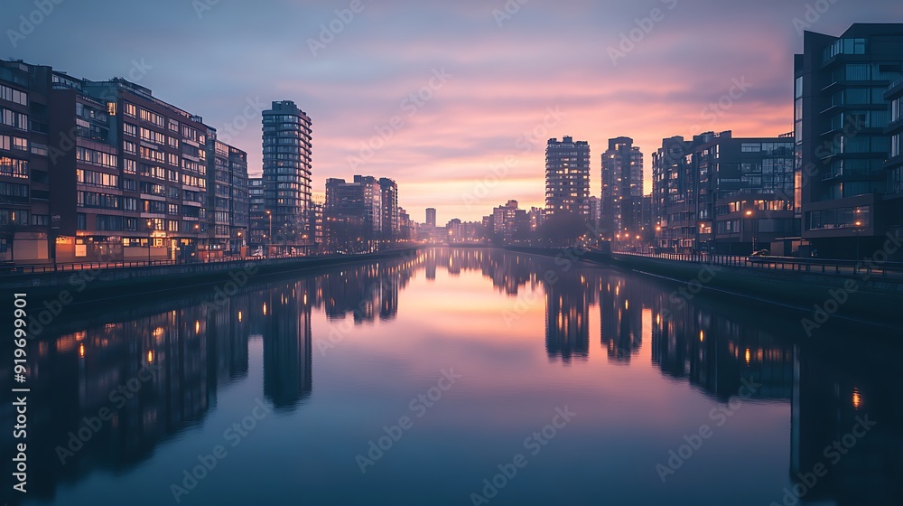 Fototapeta premium Cityscape Reflections in a Still River at Dawn