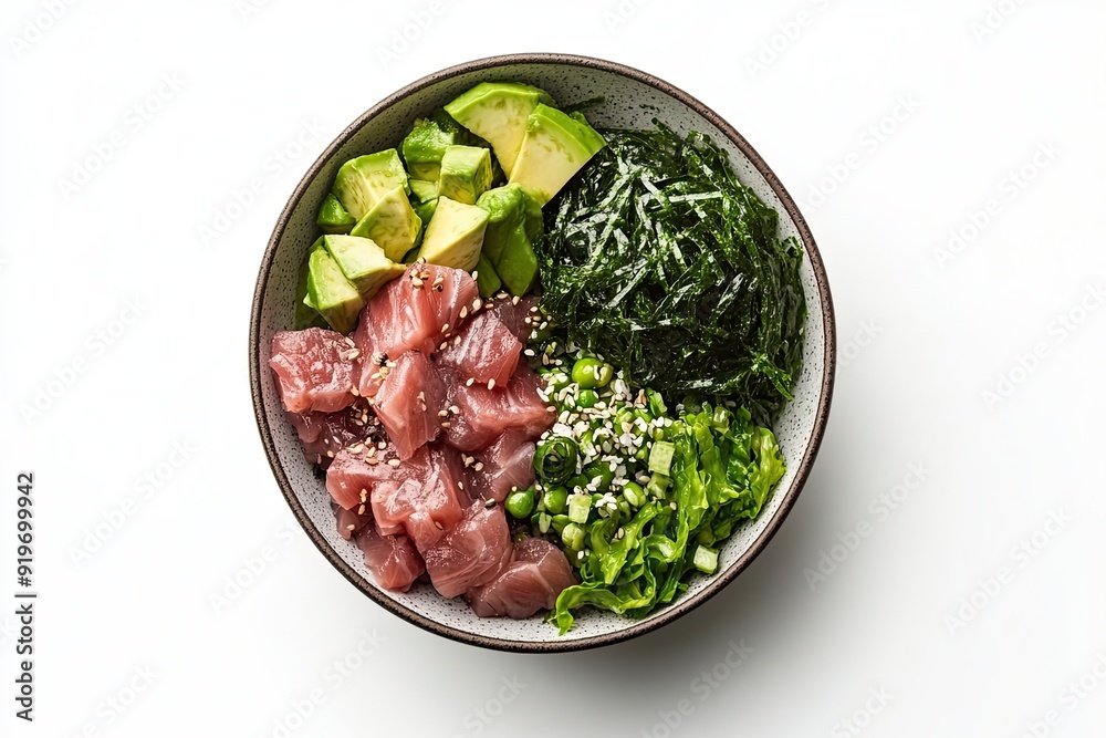 Tuna poke bowl with seaweed salad and avocado isolated on a white, top view Tuna poke bowl with seaweed salad and avocado isolated on a white, top view