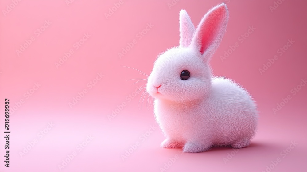 Cute white bunny rabbit with pink ears sitting on a pink background. Cute white bunny rabbit with pink ears sitting on a pink background.