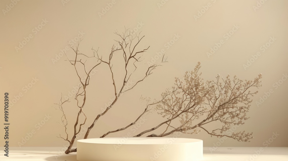 Cylinder-shaped podium with dry branches on beige backdrop for product display. Cylinder-shaped podium with dry branches on beige backdrop for product display.