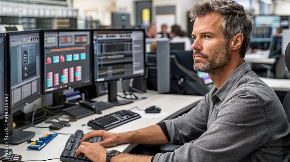 A programmer at work in front of a burning monitor. A male trader at work on a computer. Operational data analysis. Design for banner, flyer, poster, cover or brochure. A programmer at work in front of a burning monitor. A male trader at work on a computer. Operational data analysis. Design for banner, flyer, poster, cover or brochure.