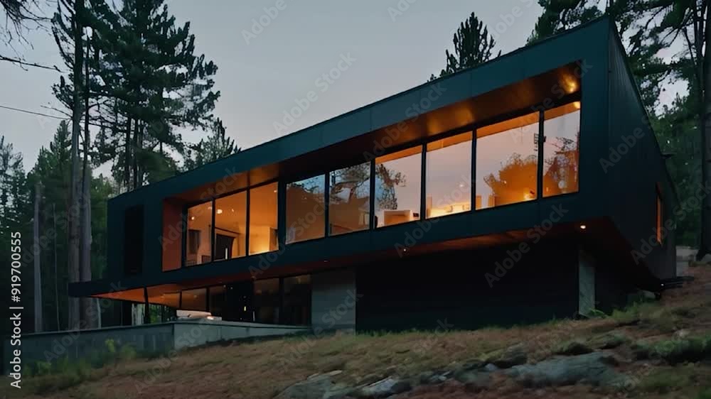 Modern Black House with Large Windows in a Forest Setting Modern Black House with Large Windows in a Forest Setting