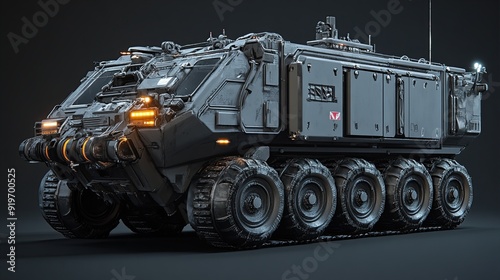Futuristic military vehicle with a large cargo area and six large wheels, rendered in 3D.