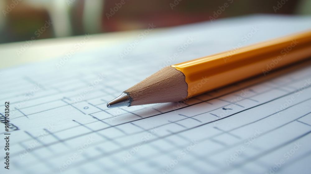 Detailed close-up of a pencil on a document, notebook, sheet of paper Detailed close-up of a pencil on a document, notebook, sheet of paper