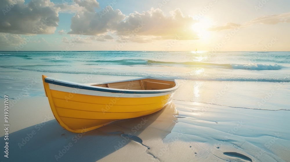 Naklejka premium Golden Boat on the Beach at Sunset