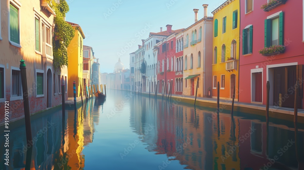 Fototapeta premium Exploring the picturesque canals and colorful buildings in Venice during a serene morning fog
