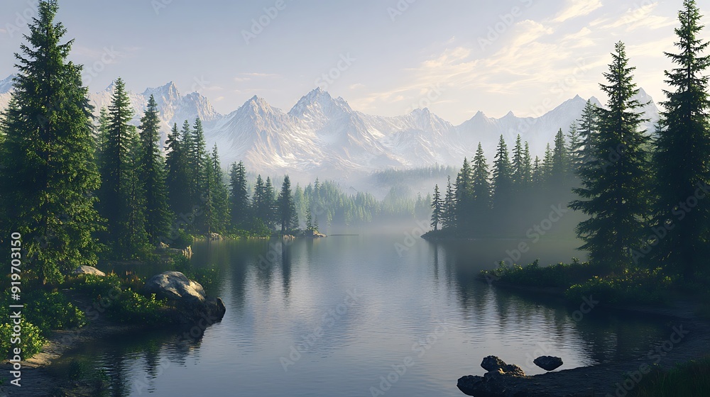 Serene morning mist shrouds pristine mountain lake reflecting snow-capped peaks Serene morning mist shrouds pristine mountain lake reflecting snow-capped peaks