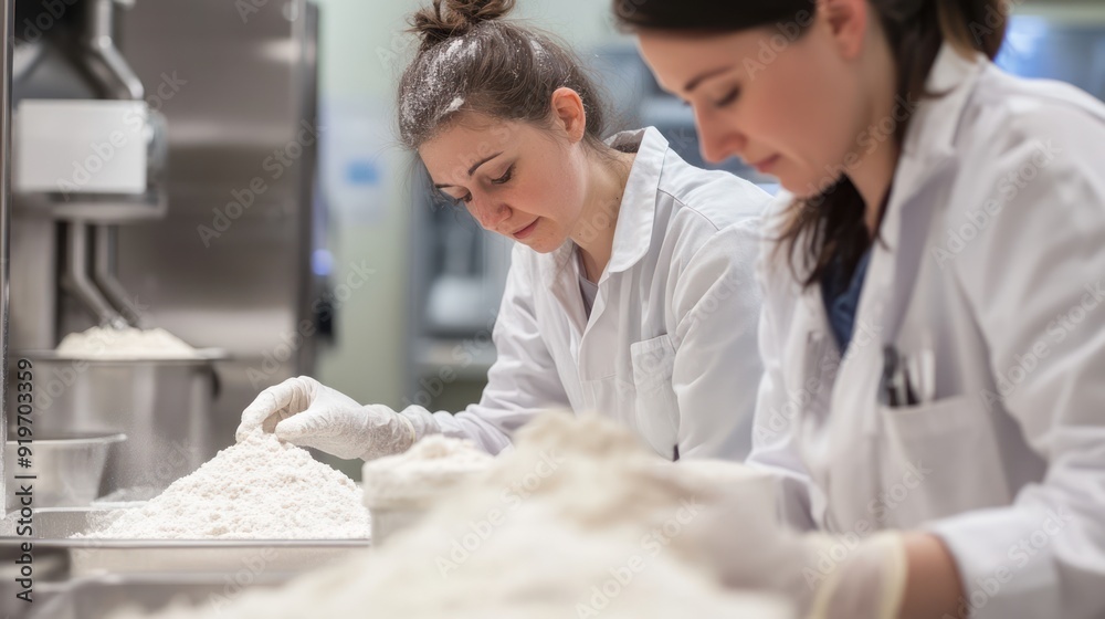 Obraz premium Photo of employees checking flour quality in the laboratory