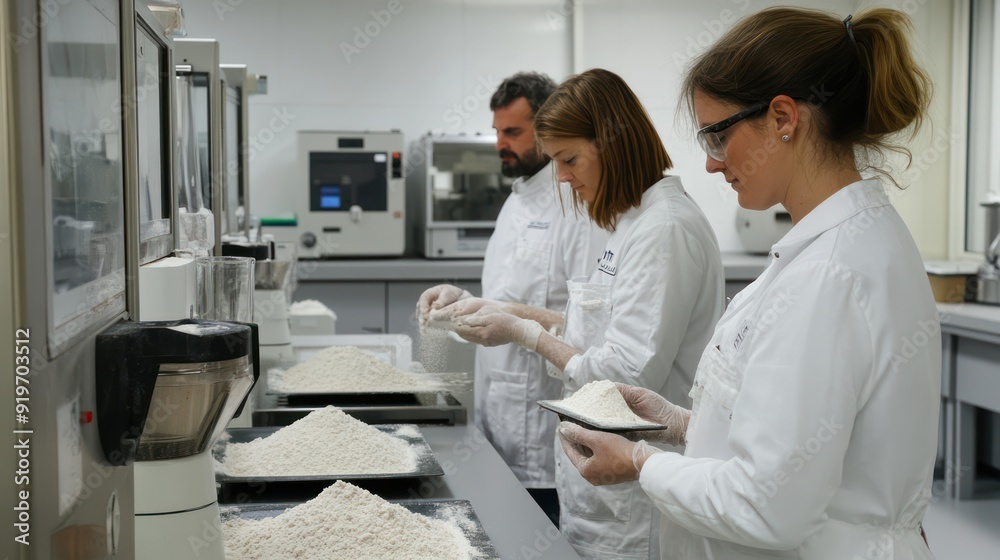 Photo of employees checking flour quality in the laboratory Photo of employees checking flour quality in the laboratory