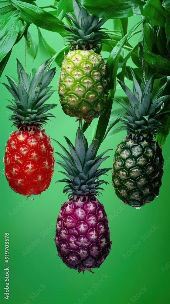 Fototapeta premium Four colorful pineapples hanging on green leaves, with a green background.