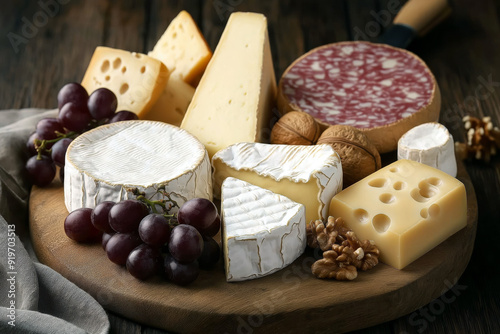 Variety of artisanal cheeses arranged on a wooden board with grapes, nuts, and a cheese knife, ready for a gourmet tasting.