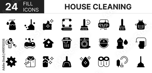 Collection of 24 house cleaning fill icons featuring editable strokes. These outline icons depict various modes of house cleaning, laundered, washing, sweeping, wiping, floor, 