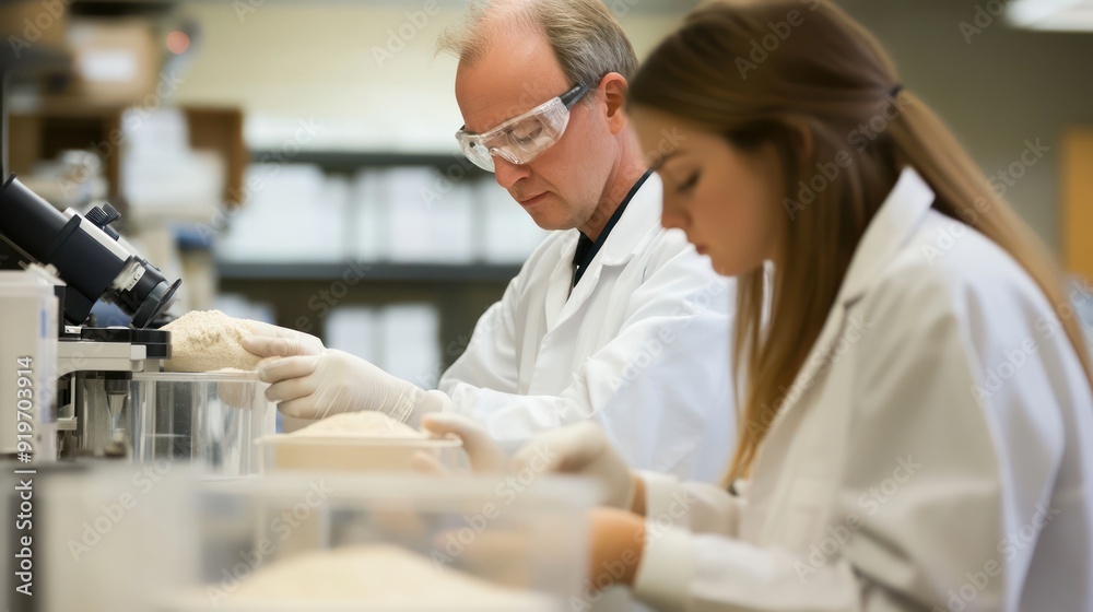 Photo of employees checking flour quality in the laboratory Photo of employees checking flour quality in the laboratory