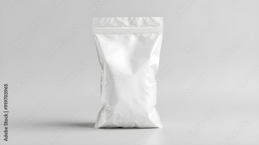 White Blank Plastic Metallic Foil Bag Mockup Template. Generative AI White Blank Plastic Metallic Foil Bag Mockup Template. Generative AI