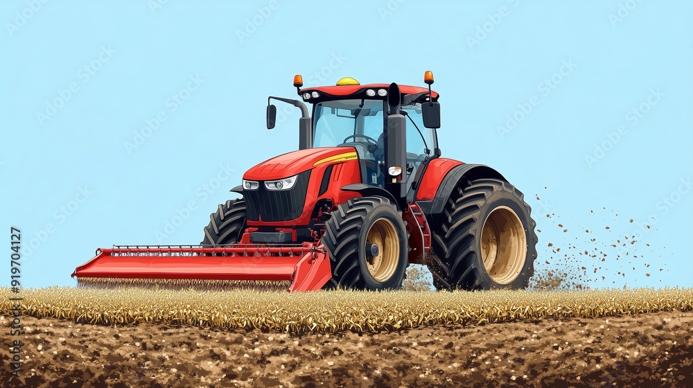 Obraz premium A red tractor harvesting crops in a golden field under a clear blue sky during the autumn season